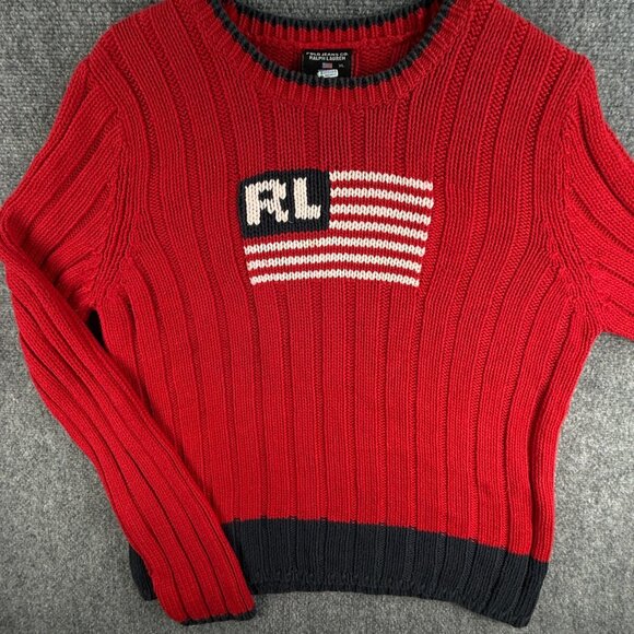 Polo Jeans Ralph Lauren Flag Sweater Red XL Blue Trim Knit Women Heavyweight